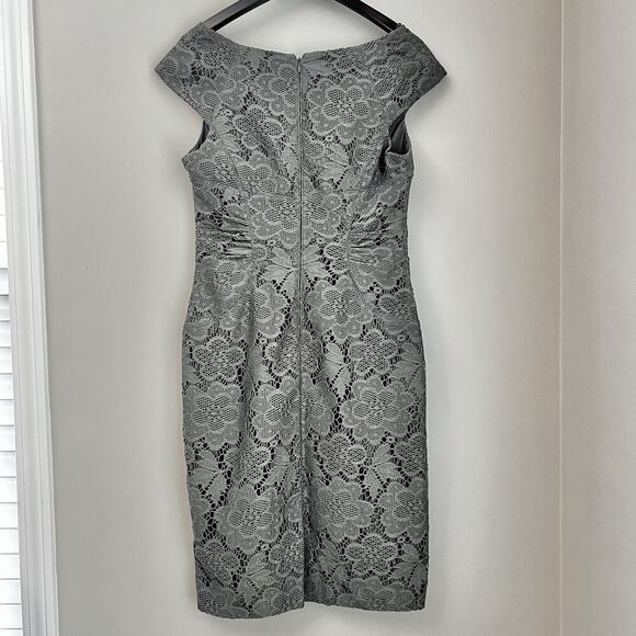 Adrianna Papell Gray Lace Sheath Dress Sz 8 Formal Cocktail Wedding Fitted - Picture 8 of 11